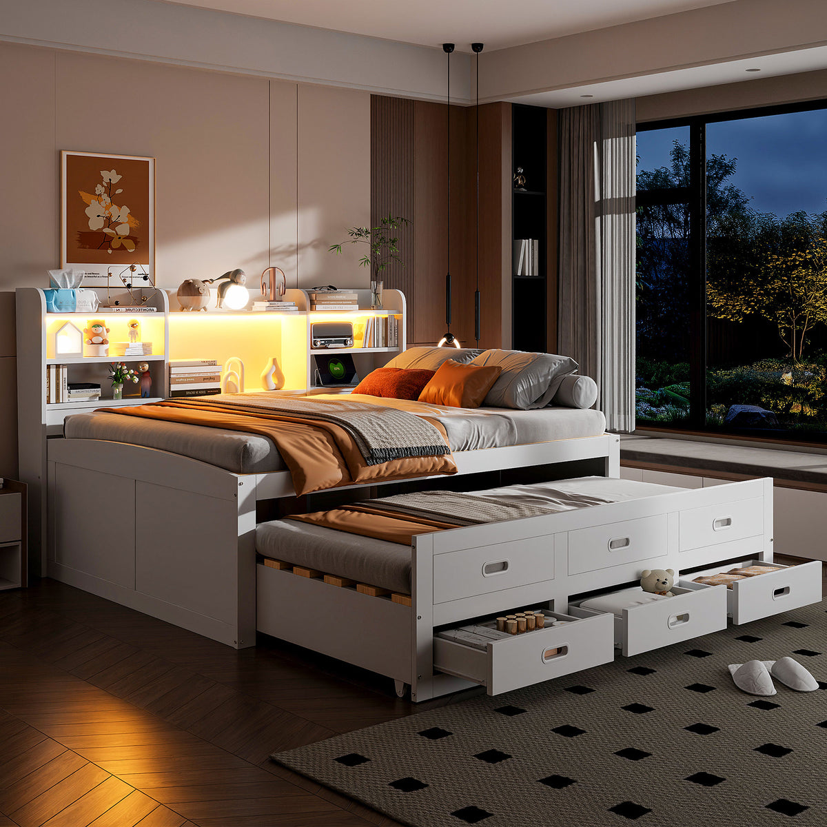 Sofa Bed 140x200cm with LED Lights & 3 Drawers, White