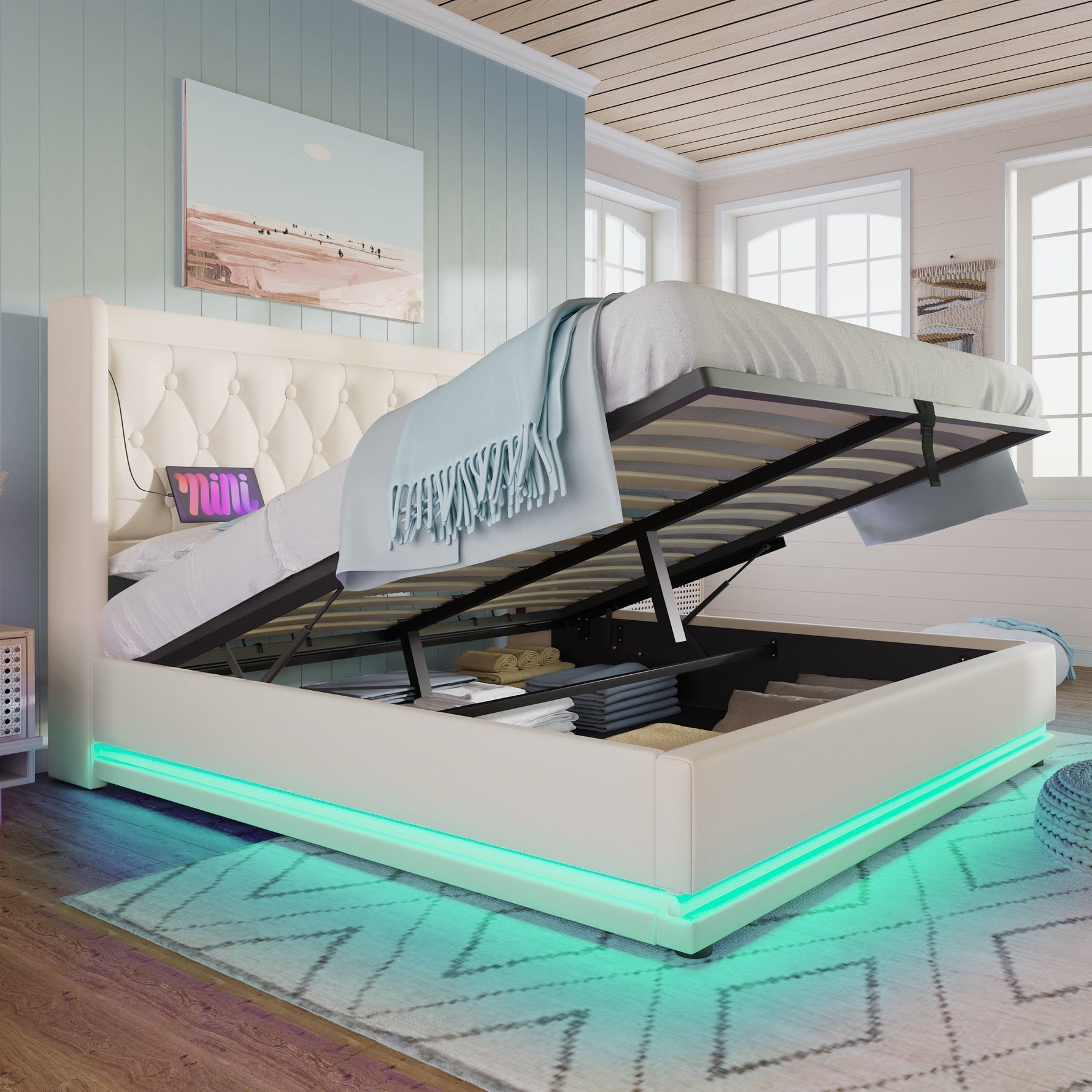 Upholstered Double Bed, Hydraulic Storage with USB & LED, White PU