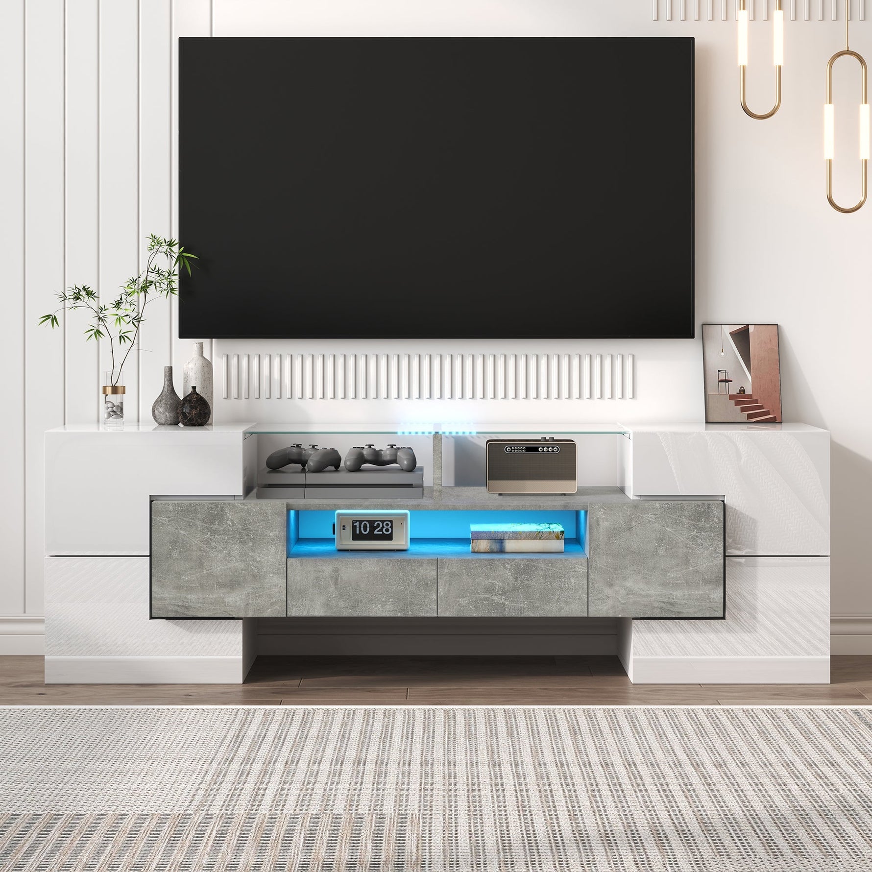 TV Cabinet Lowboard 145cm LED Lighting Modern High-Gloss White