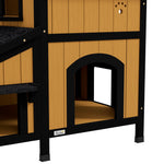 Cat House, 2-Level Outdoor Hut with Flower Box, Fir Wood Yellow