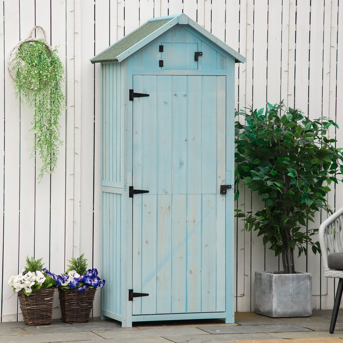 garden cabinet tool shed with shelves and windows, wood in light blue and green