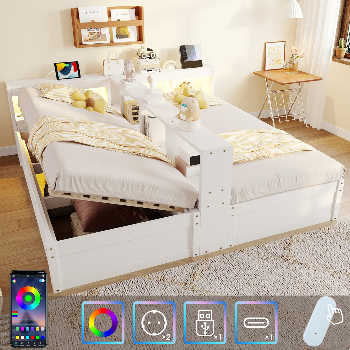 Multifunctional Sofa Bed 90/180x200cm with Storage & LED, White