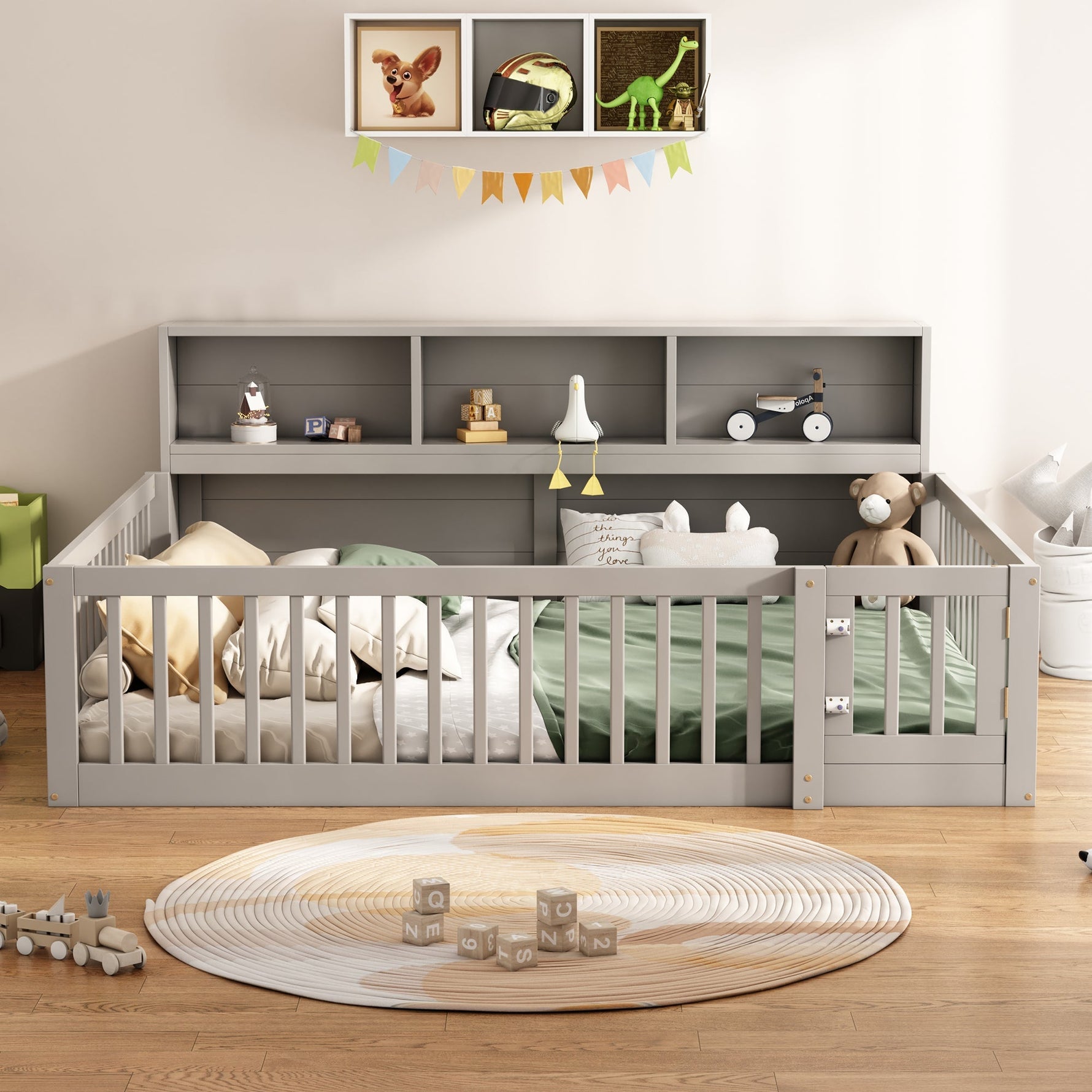 Daybed Sofa Bed 140x200cm with Bedside Storage Railing, Grey Pine Wood
