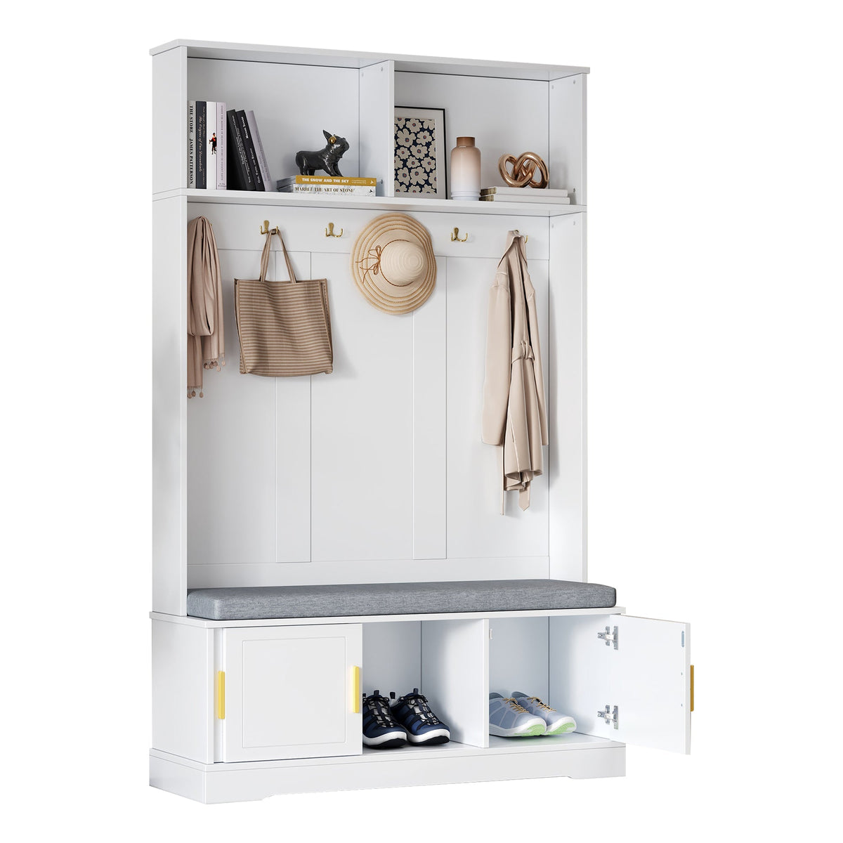 Coat rack with shoe bench, wardrobe, 6 triple hooks, freestanding, space-saving, white