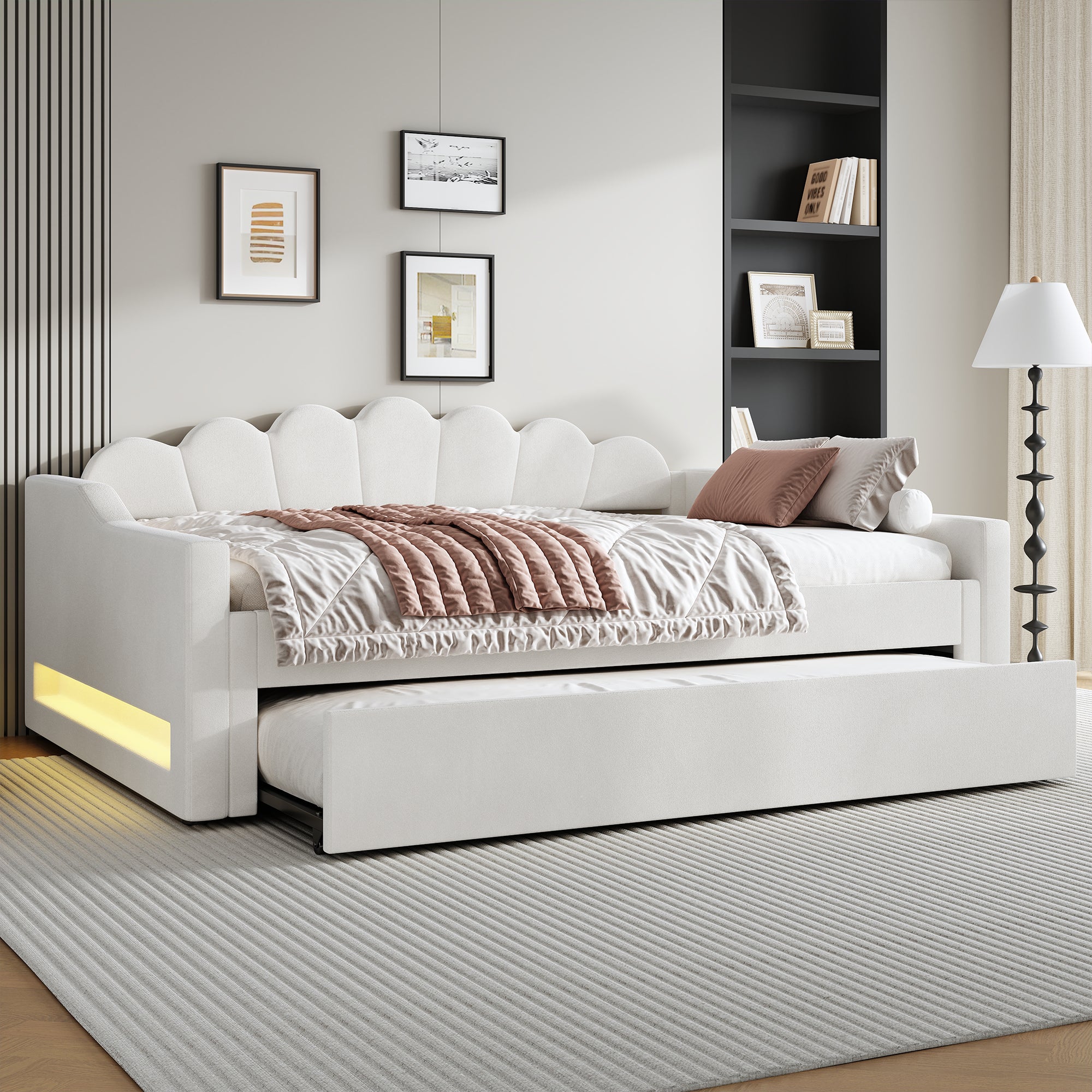 Daybed, Upholstered with LED Belt & Pull-Out, 140x200cm, Beige