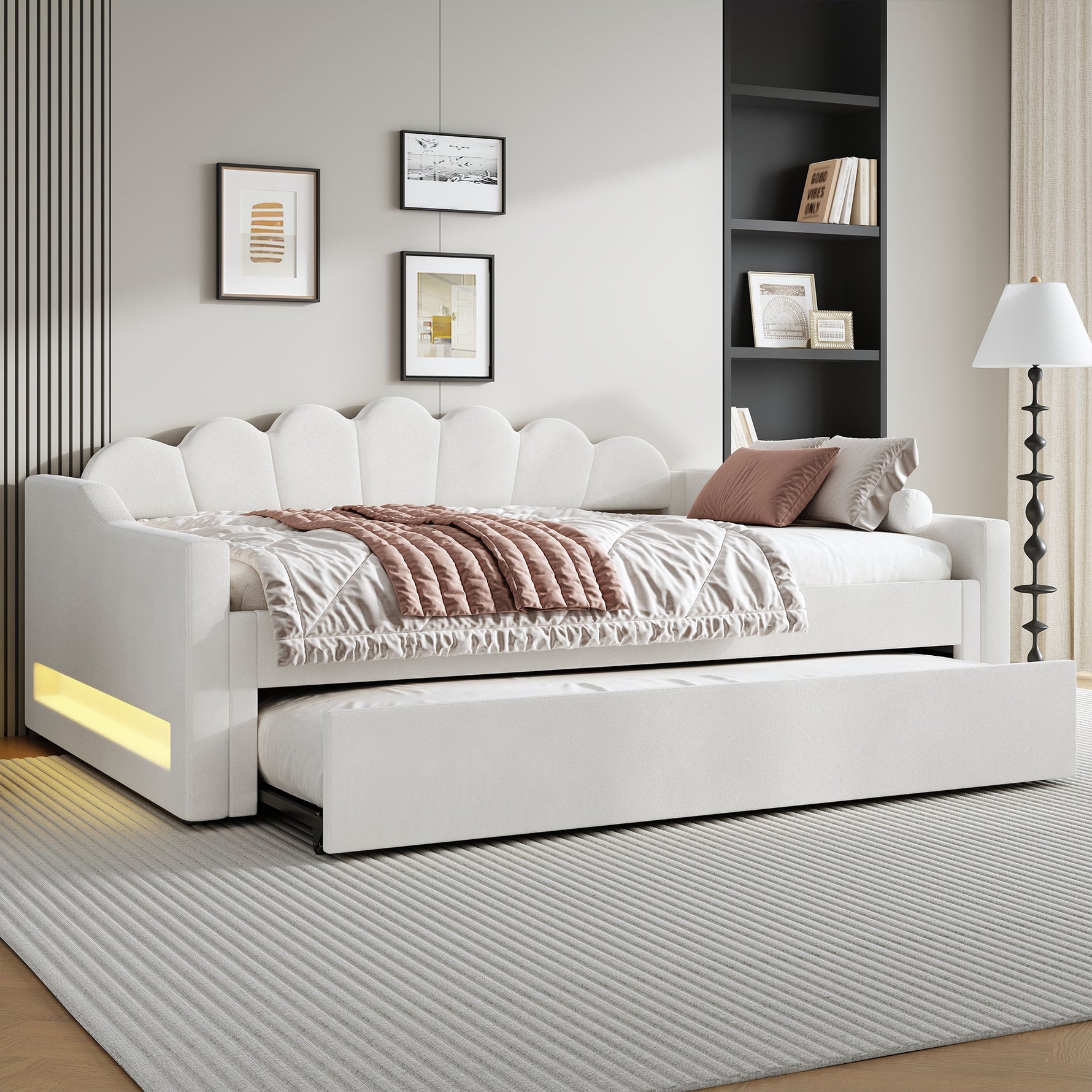 Daybed, Upholstered with LED Belt & Pull-Out, 140x200cm, Beige