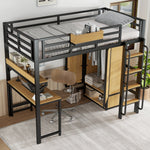 Iron Loft Bed, 90x200cm, Wardrobe Desk Stairs Storage, Black/Natural Iron + MDF