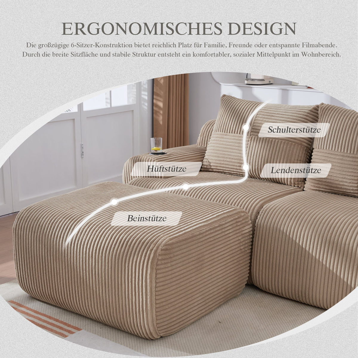 Modular Corduroy Sofa 4-Seater with 2 Ottomans Cup Holders Storage Pocket Khaki