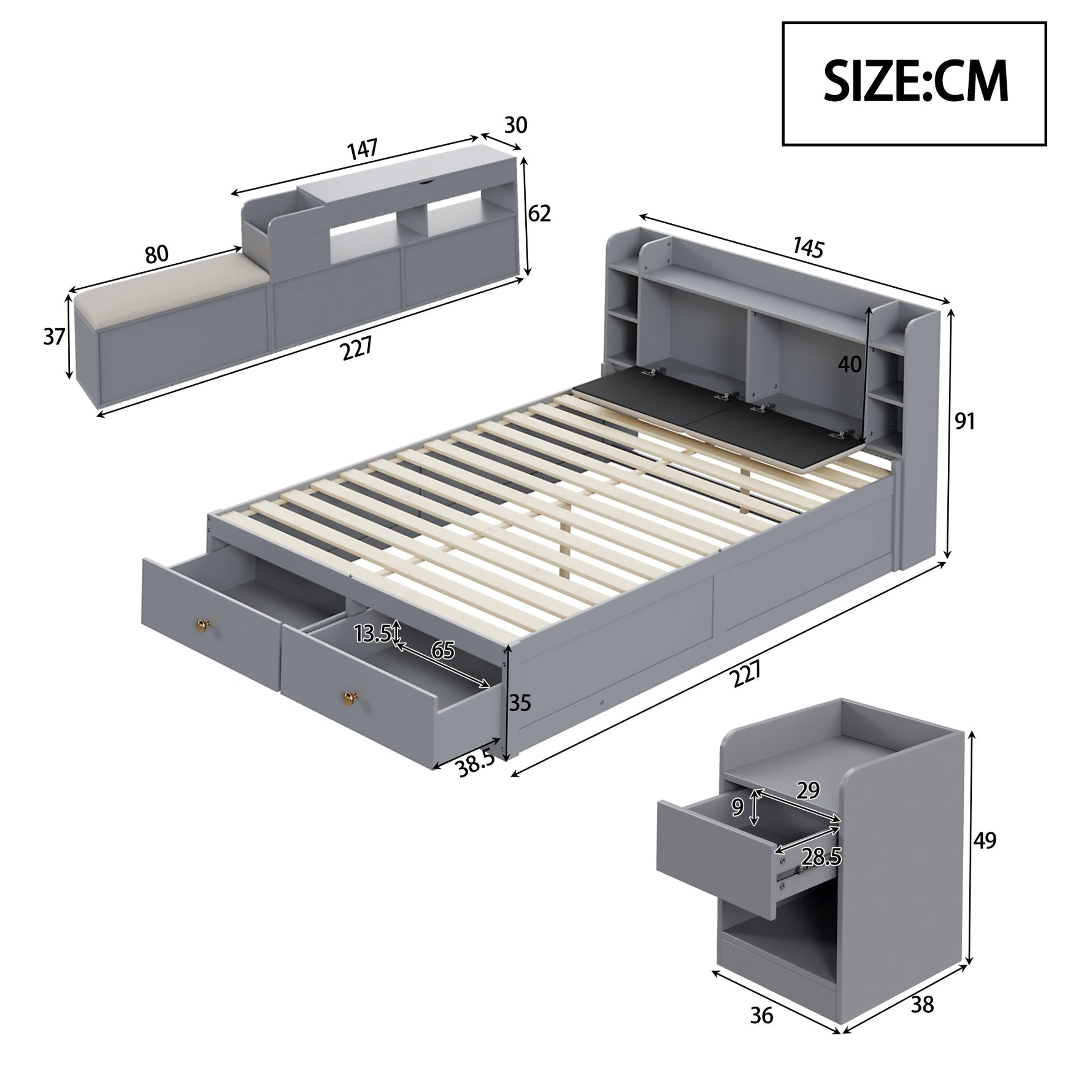 Solid wood combination bed 140*200cm, Storage Headboard, Drawers, Sofa Bench, grey
