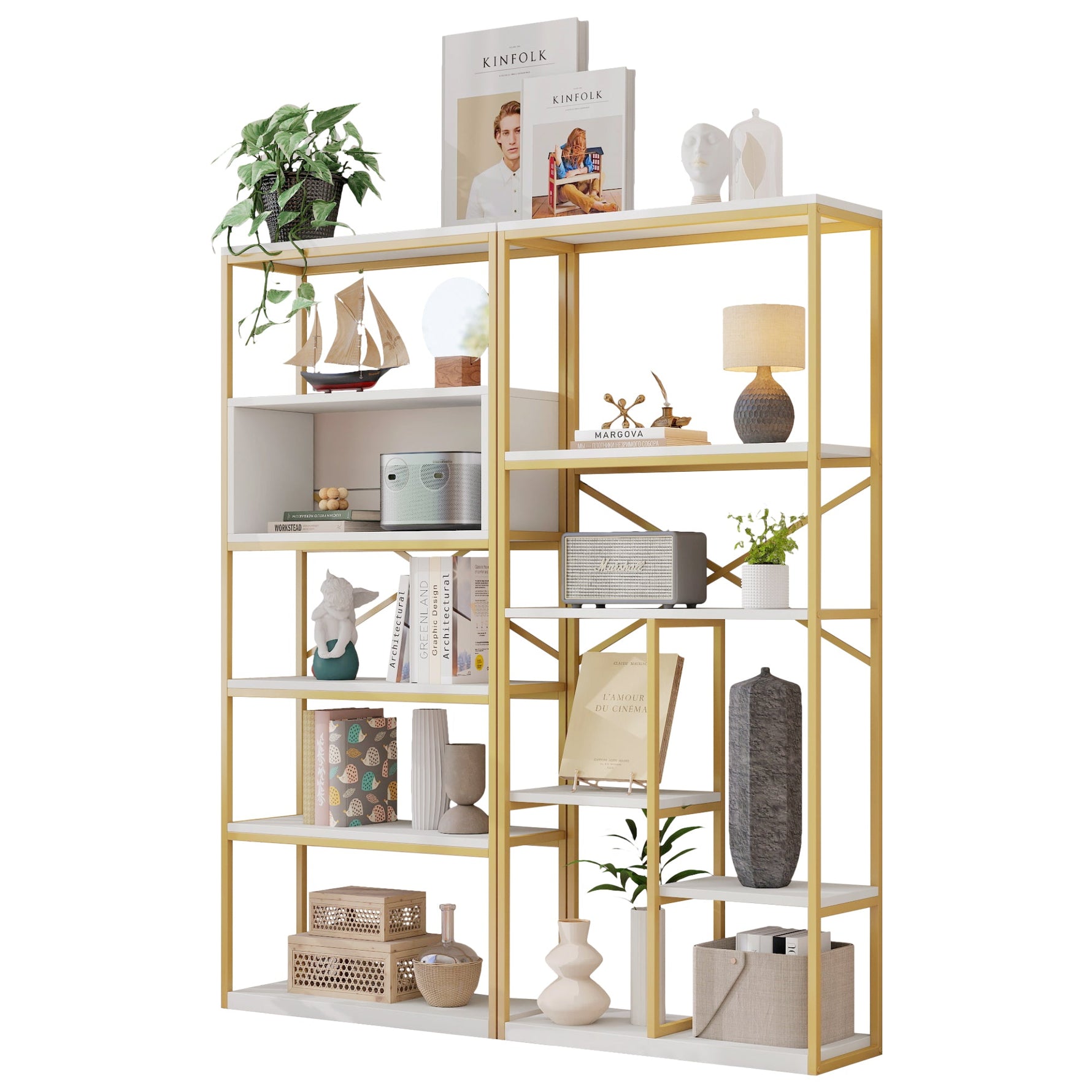 Modern Minimalist Shelf with Multi-Tier Storage and Steel Frame, Gold and White