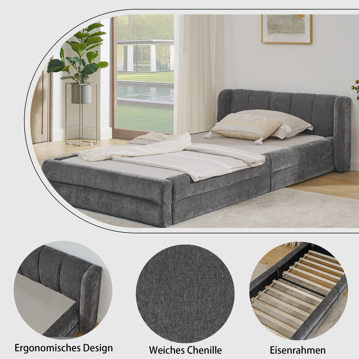Single Bed 90x200 cm with Backrest, Dark Grey Chenille