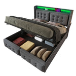 Upholstered Double Bed with LED Headboard, USB C and Hydraulic Storage, 180x200cm, Grey Cotton
