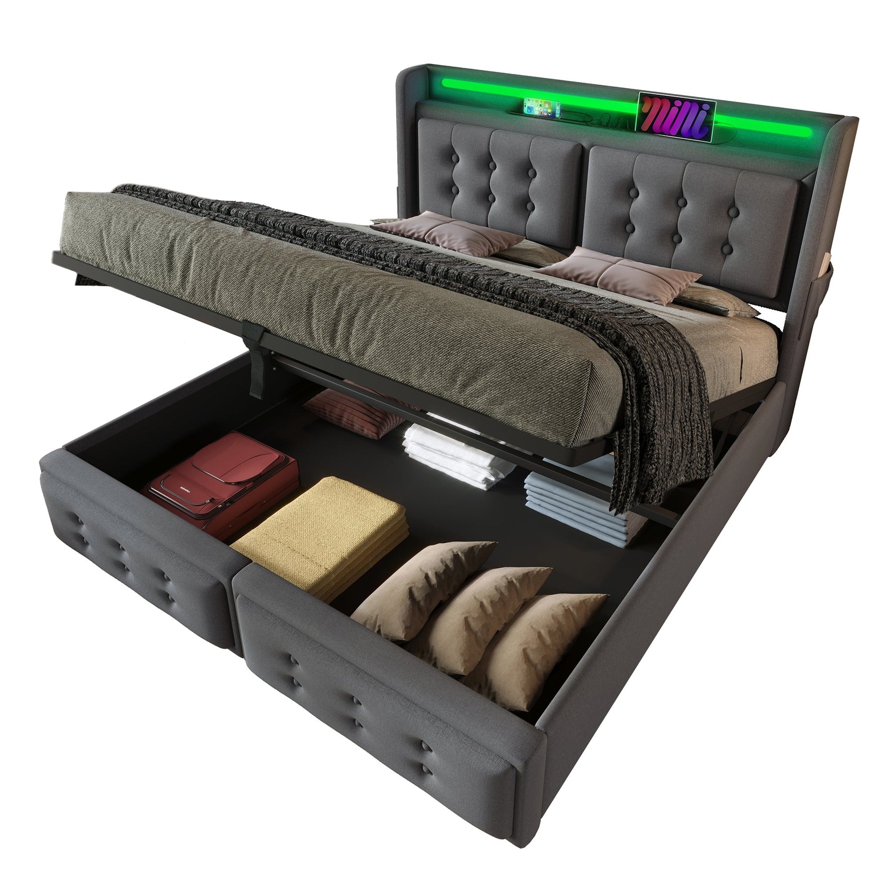Upholstered Double Bed with LED Headboard, USB C and Hydraulic Storage, 180x200cm, Grey Cotton
