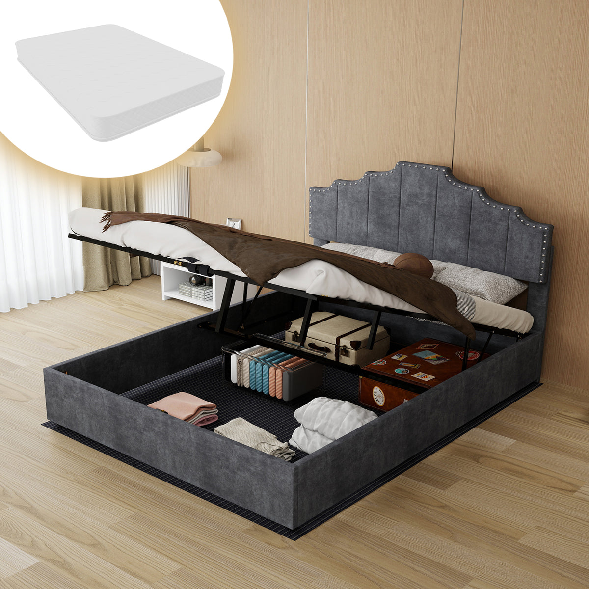 Modern Soft Bed with Mattress 140x200cm, Pneumatic Storage, Grey