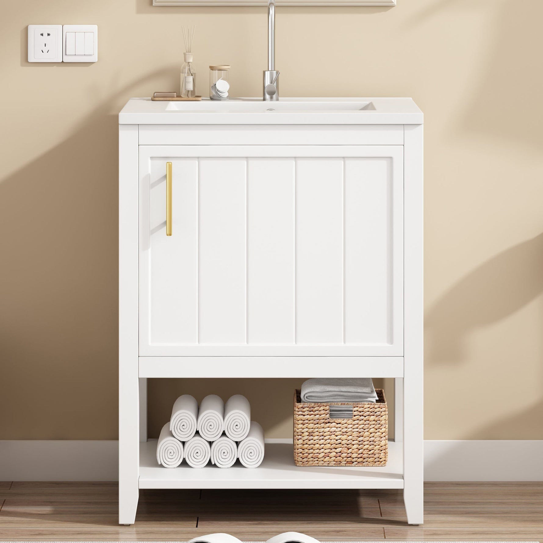 Bathroom Vanity Unit 60cm with Ceramic Washbasin & Shelf, White