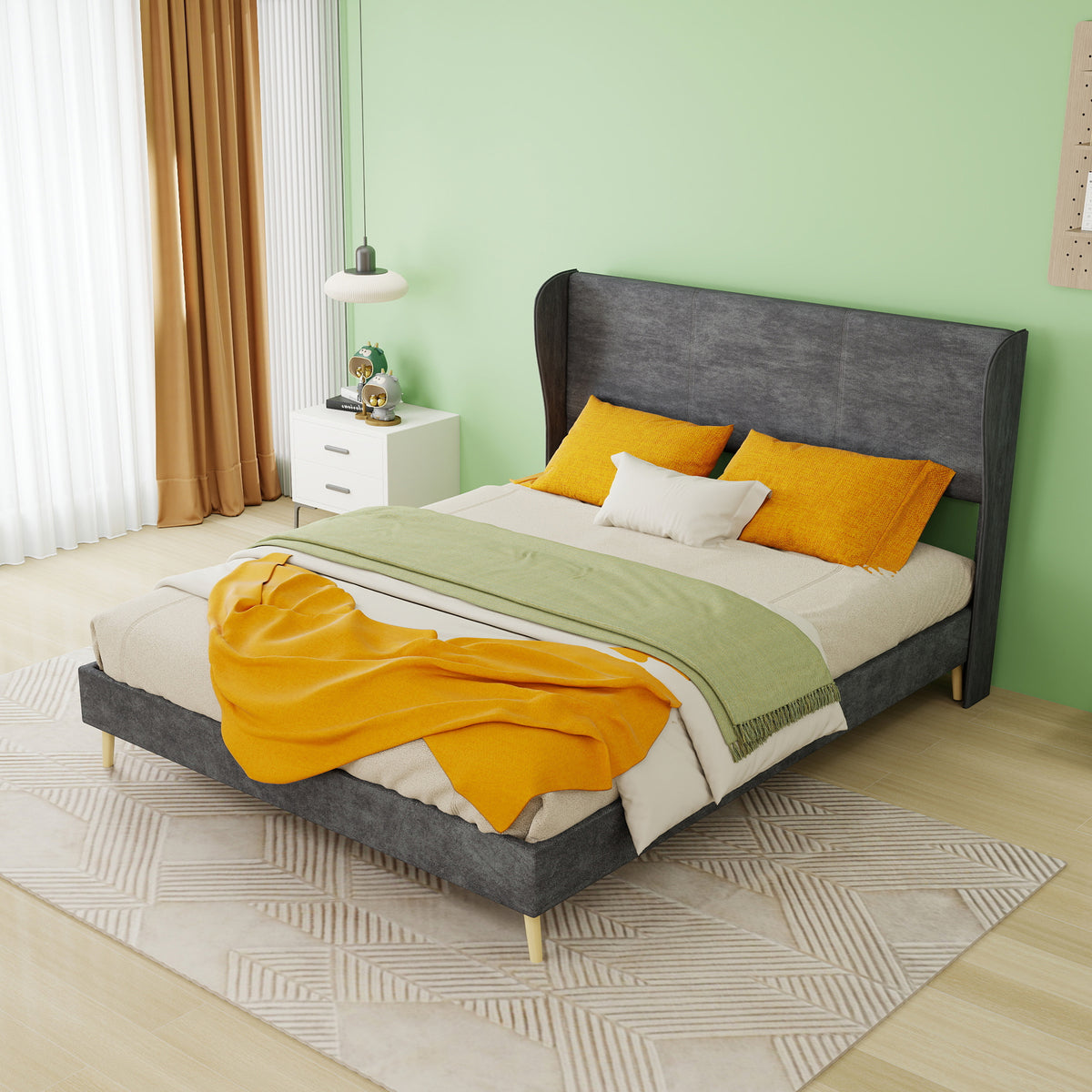 Modern Upholstered Bed with Mattress, 140x200 cm - Grey