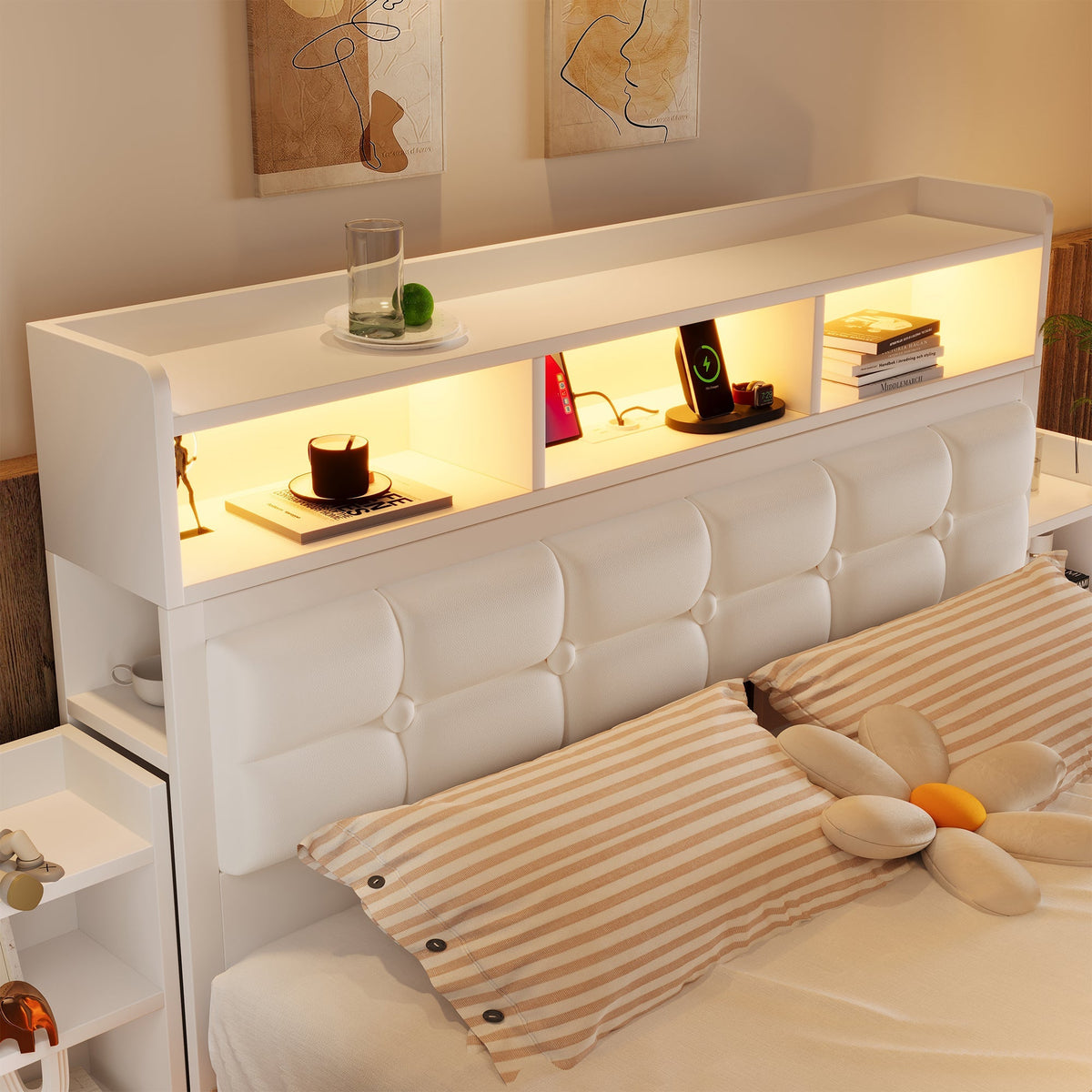 Double Bed 140x190cm 2 Pull-out Nightstands Storage USB/Type-C LED - White