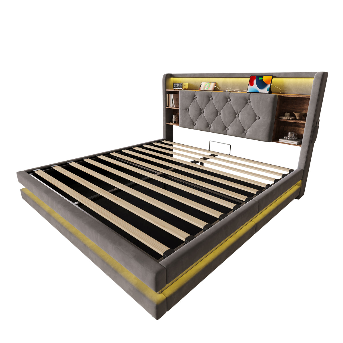Upholstered Bed 140x200cm with Storage & LED, Velvet Dark Gray