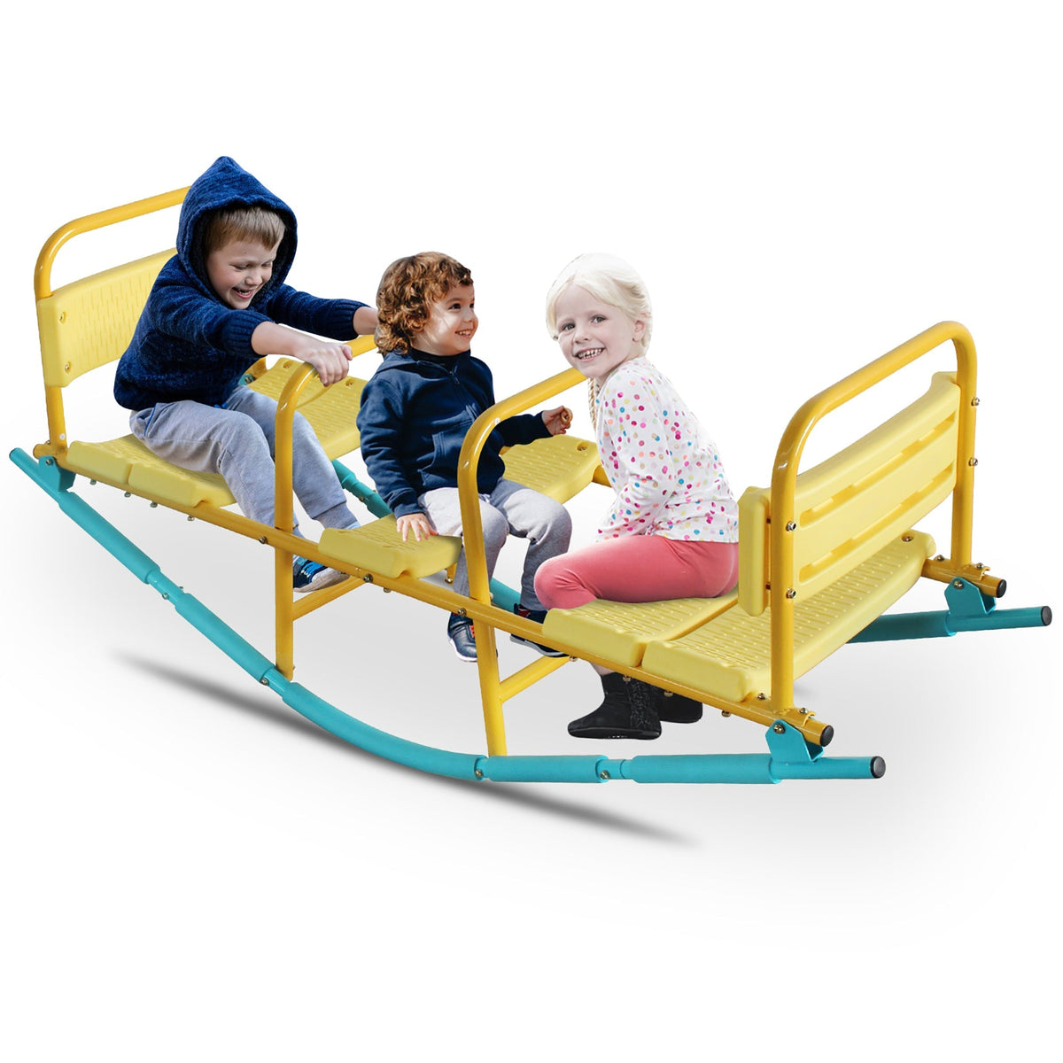 3-Person See Saw, Heavy-Duty Steel Frame, Blue/Yellow