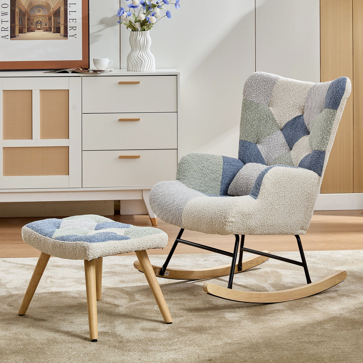 Rocking Recliner with Footstool and Upholstered Armchair, Patchwork Houndstooth Pattern