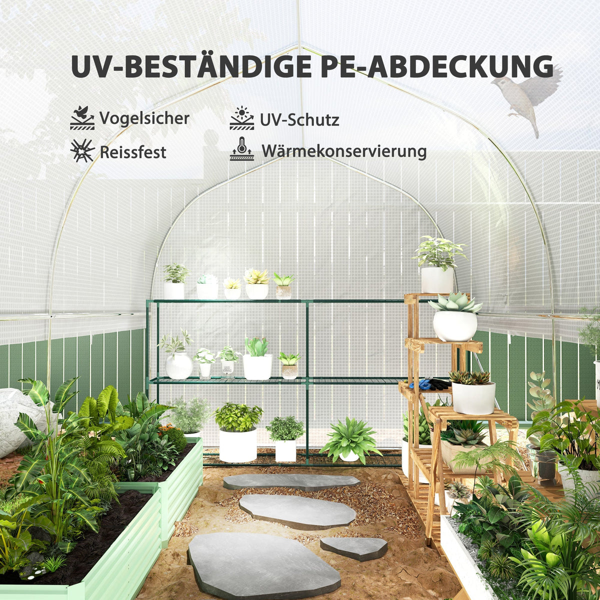 Greenhouse Polytunnel, 3x2x2m, 4 Windows & Door, White