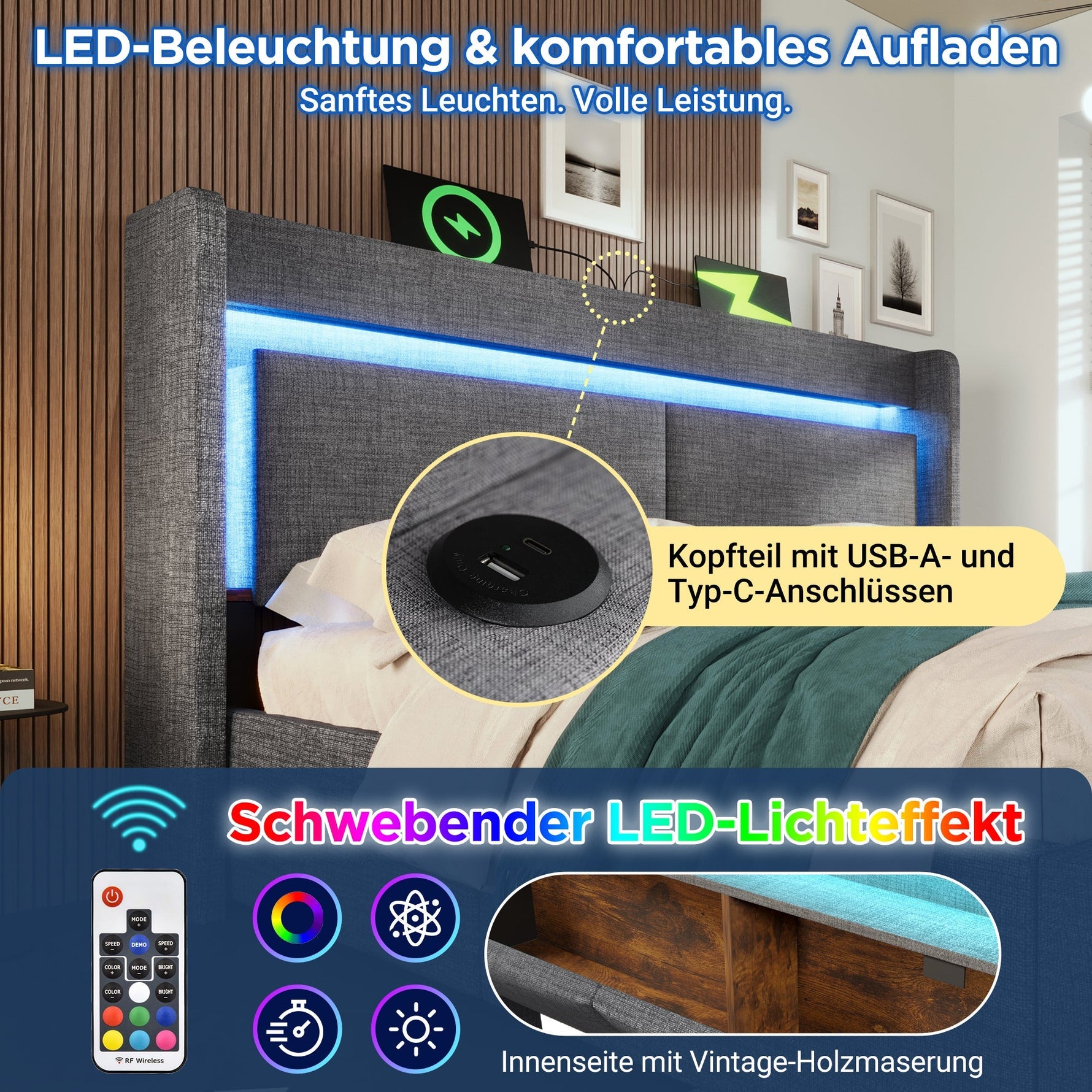 Upholstered Bed 180x200cm Hydraulic Storage LED USB/USB-C Headboard - Grey Linen