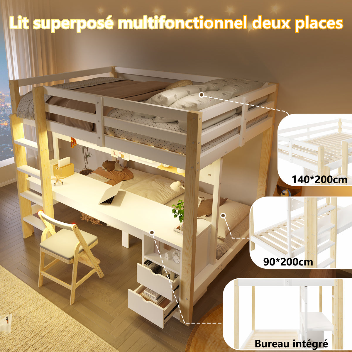 Loft Bed 90x200/140x200 cm with Desk & Drawers, Pine Wood