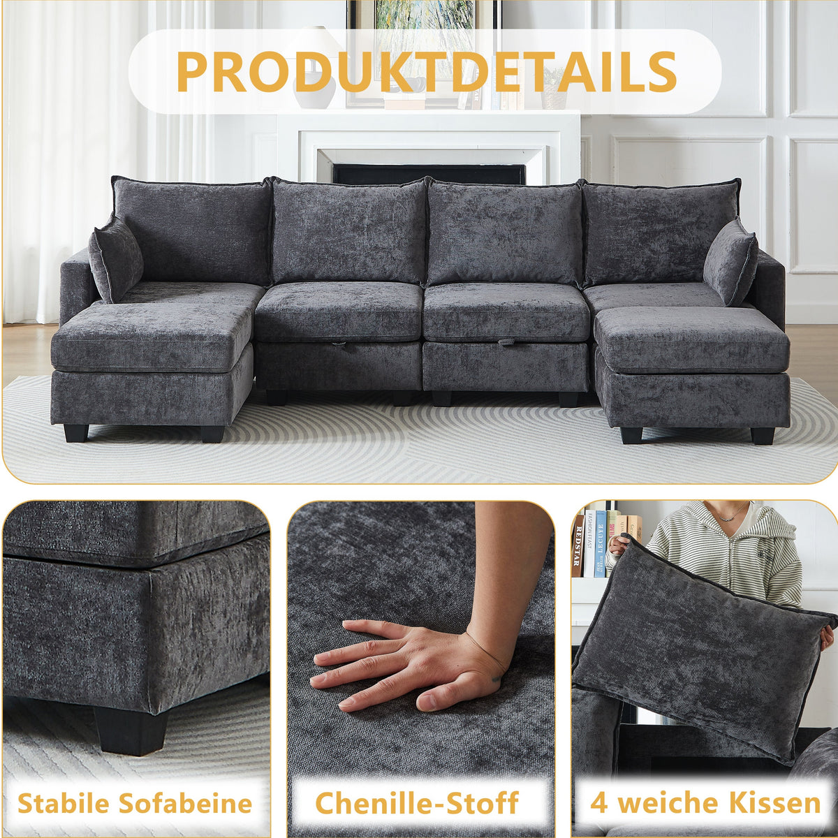 Modular Sofa U-Shaped 6-Seater Chaise Longue Storage Ottoman Chenille