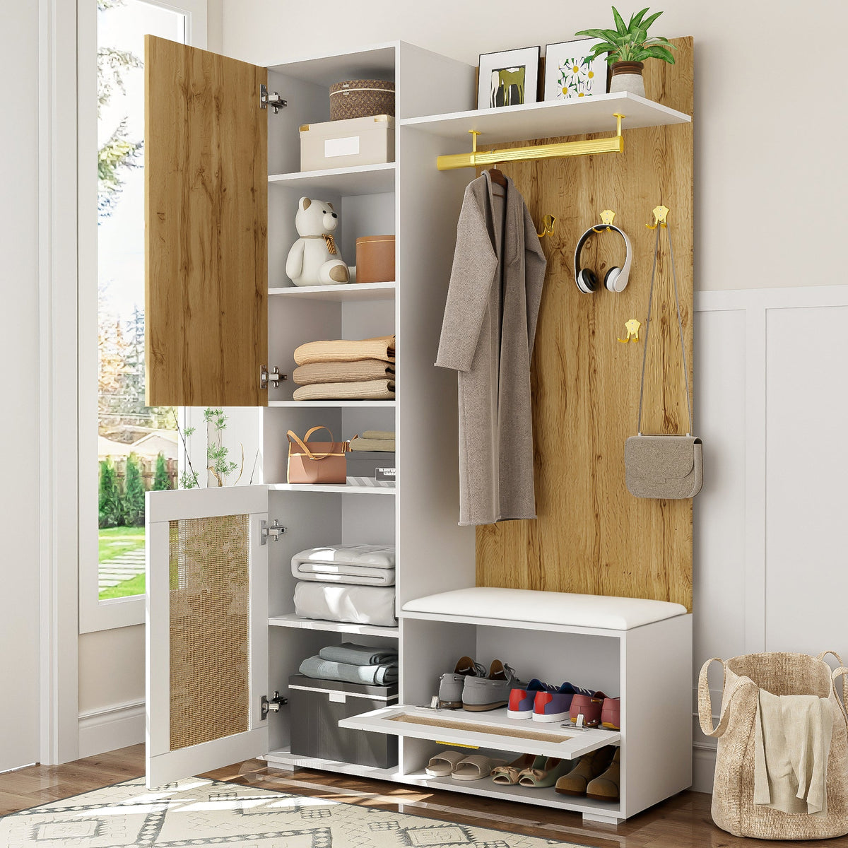 Wardrobe Set | 6-Hook Mirror Shoe Cabinet Bench | 16-Color LED Lighting