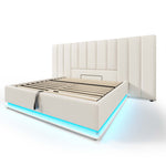Upholstered Bed 160x200, Double Storage with App Control LED & USB-C, White PU