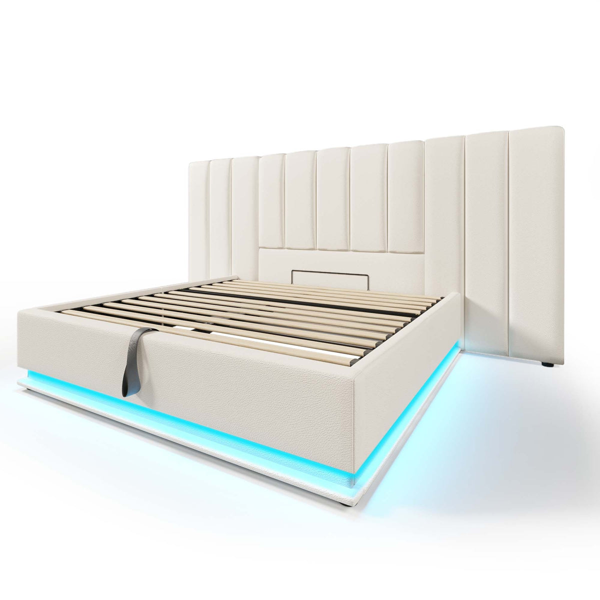 Upholstered Bed 180x200 Double Storage with App Control LED & USB-C Charging, PU White