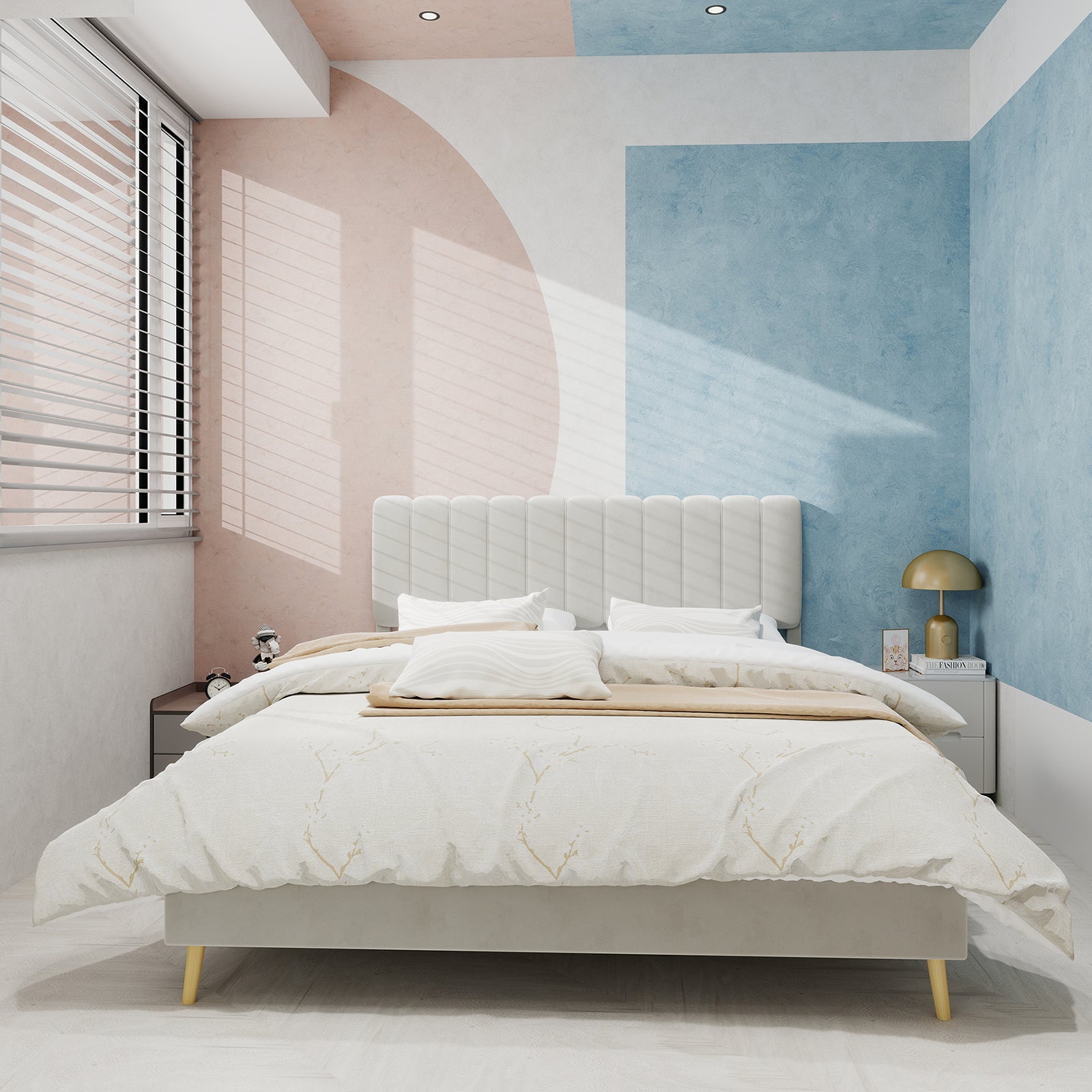 Upholstered Bed, Minimalist Plush Headboard 140x200cm, Beige