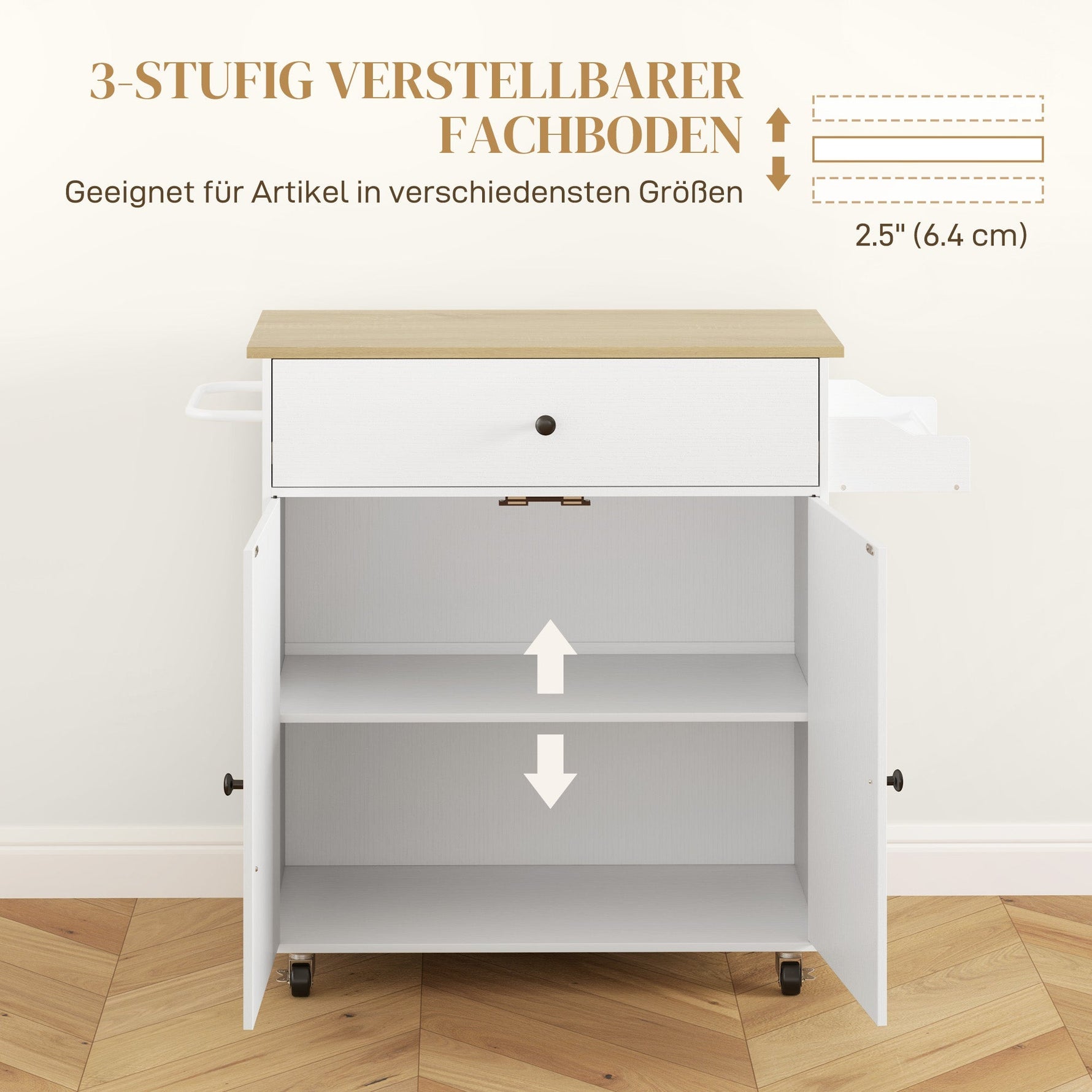 Kitchen Island, Folding Worktop & Storage, White