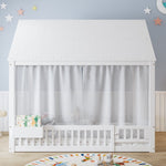 Children's Single Bed with Roof, Window, Curtains and Storage, 140x200cm, White Pine + MDF