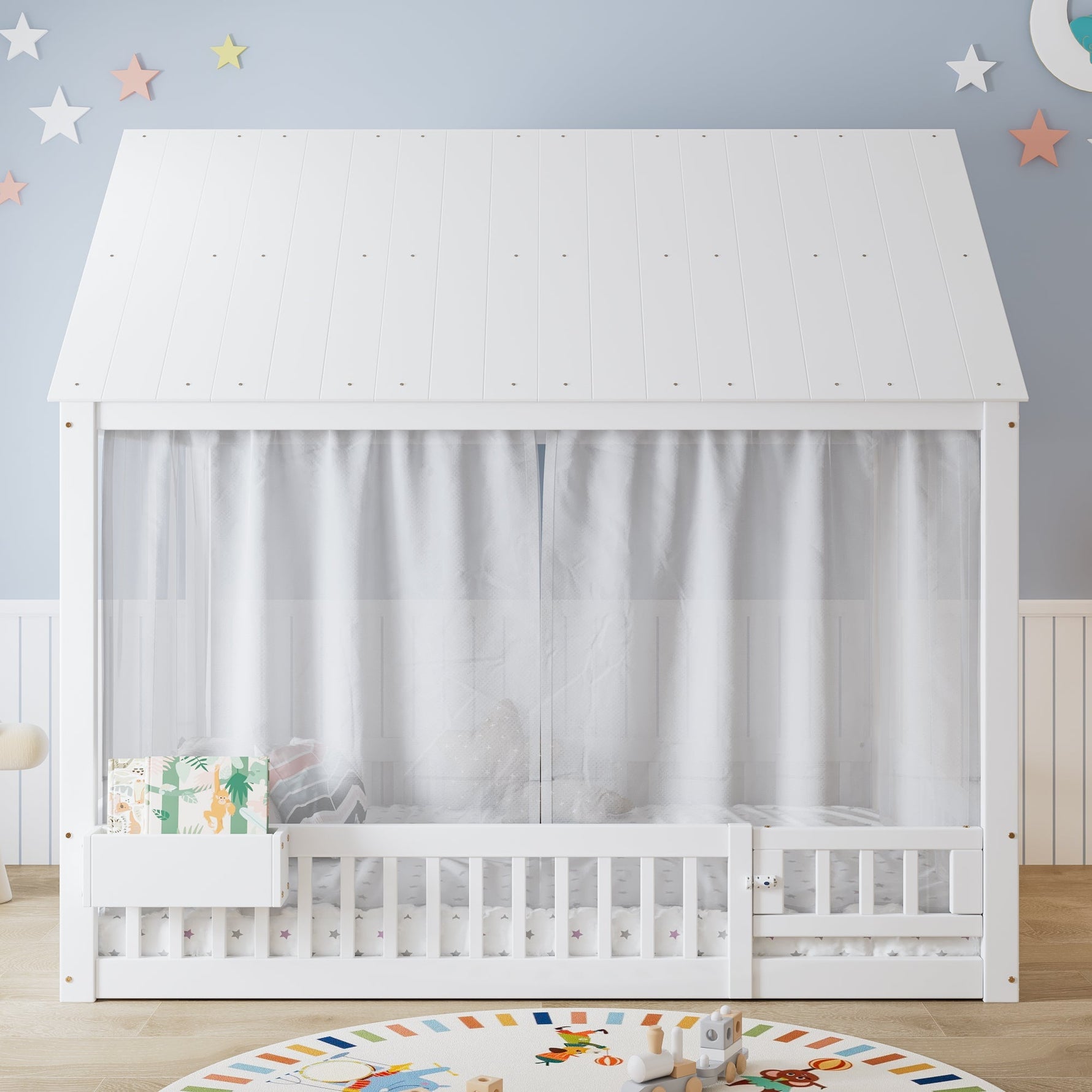 Children's Single Bed with Roof, Window, Curtains and Storage, 140x200cm, White Pine + MDF