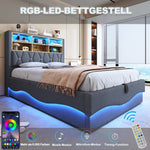Upholstered Bed 140x200 Hydraulic Storage LED/USB Slatted Frame, Linen Grey