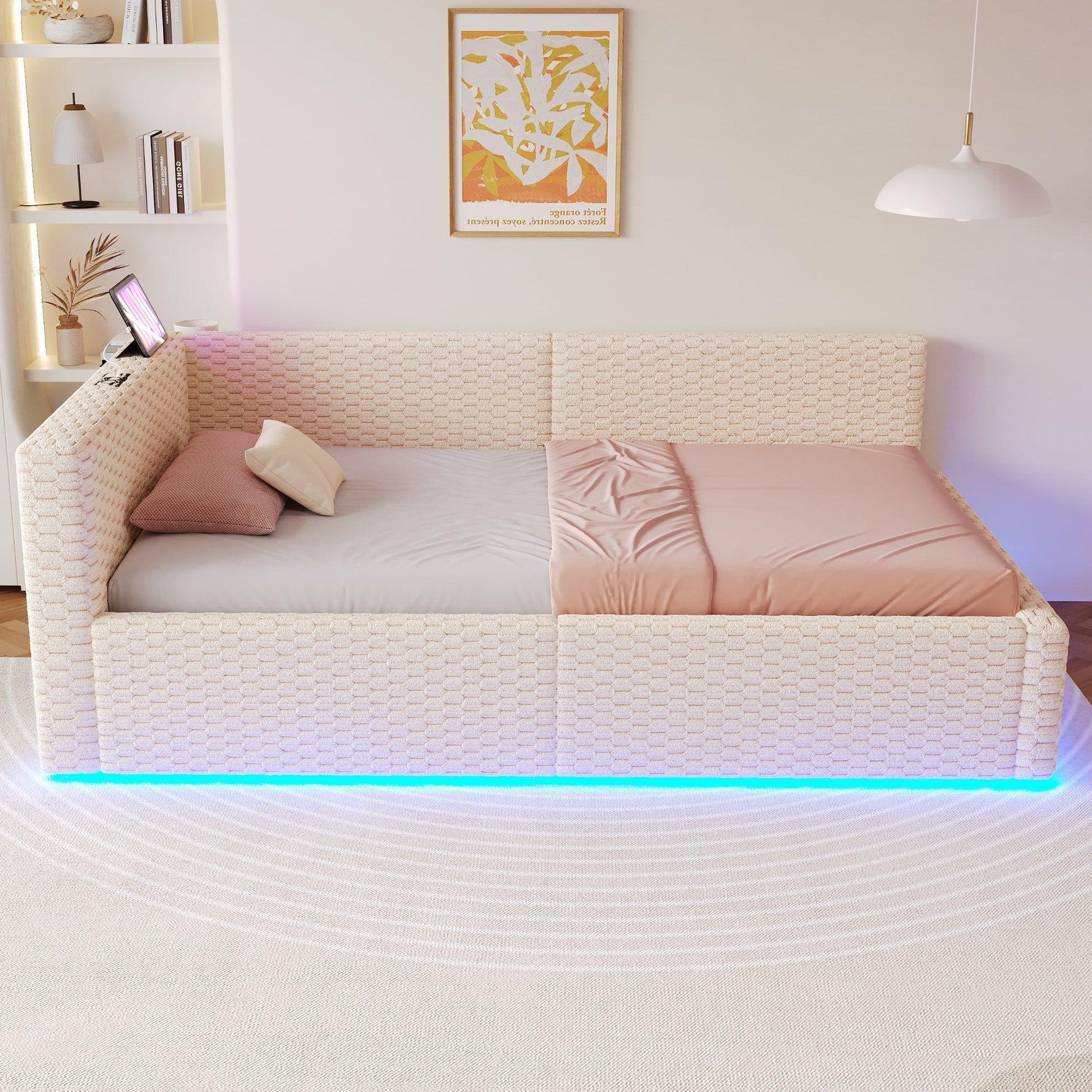 Upholstered Bed 90x200cm with LED Lighting, USB Ports and Hydraulic Storage, Beige Velvet