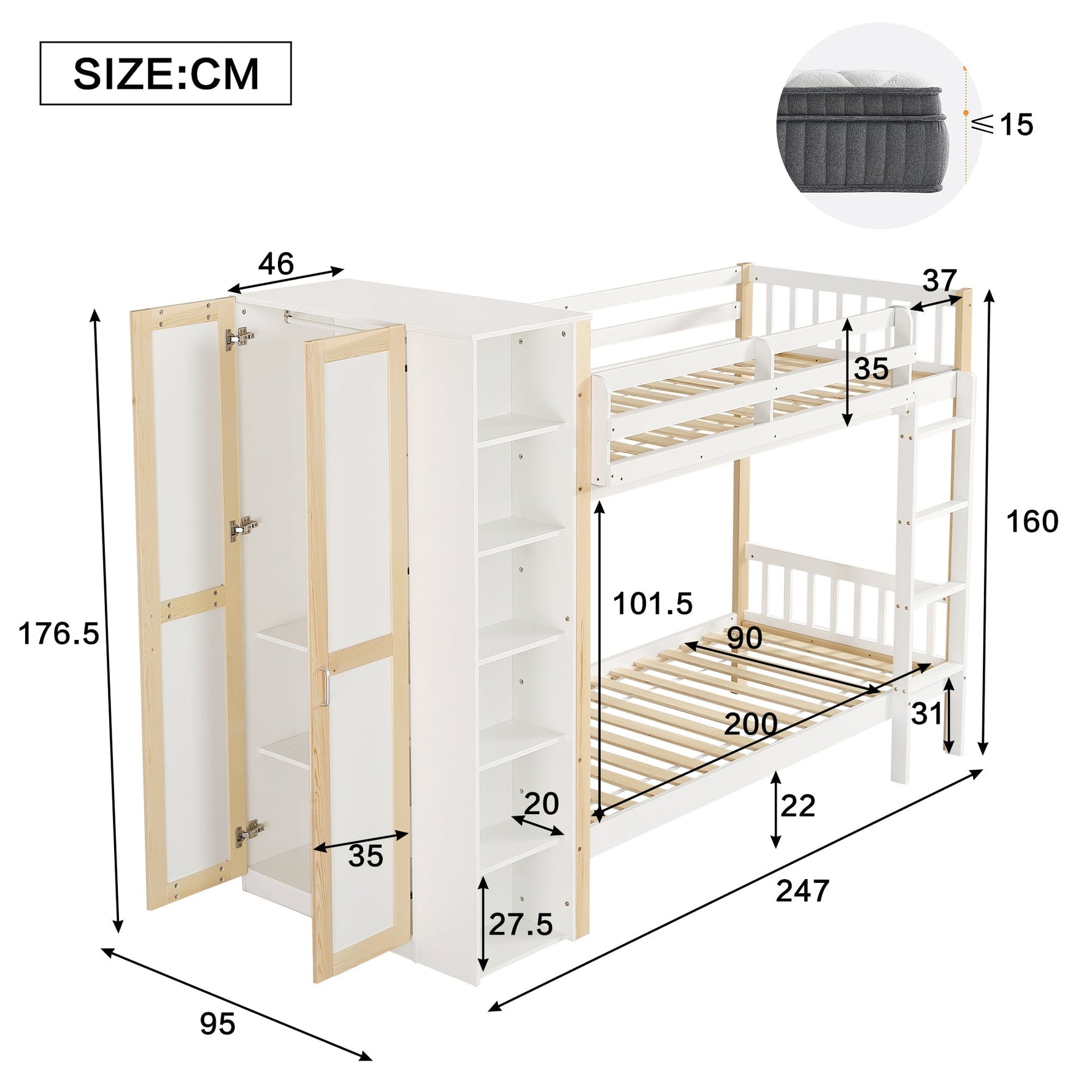 Bunk Bed, Child's with Ladder, Storage & Wardrobe, Pine+PB White+Natural