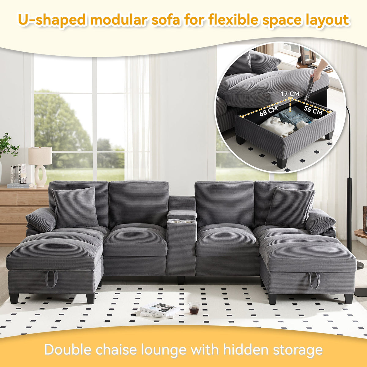 U-Shaped Sofa 4-Seater Oversized Storage USB Cup Holders - Corduroy