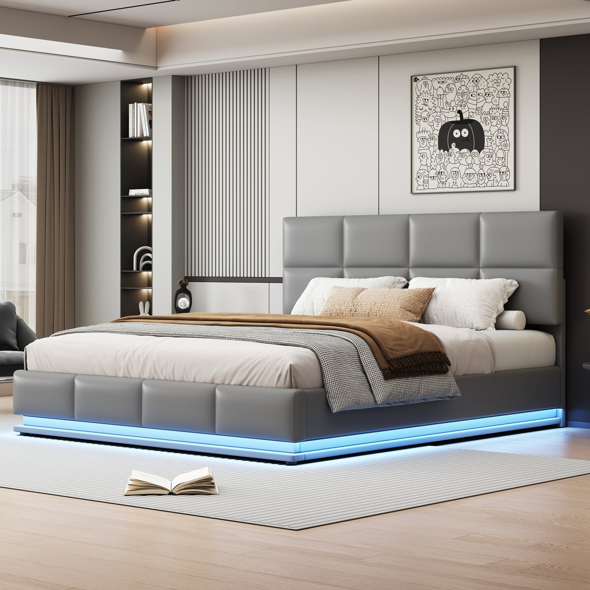 Upholstered Bed, 180x200cm LED & Hydraulic Storage, Faux Leather Light Grey