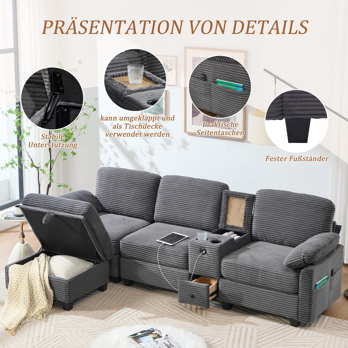 Sofa - Comfort Foam, Removable Console, USB-C, Storage Ottoman - Corduroy