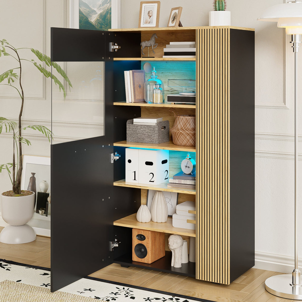 Modern Storage Cabinet, 16-Color LED Lights, Adjustable Shelves, Cable Management, PB with Glass Doors