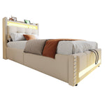 Upholstered Children's Bed with LED, USB, Storage, 90x200cm, Linen Fabric Beige