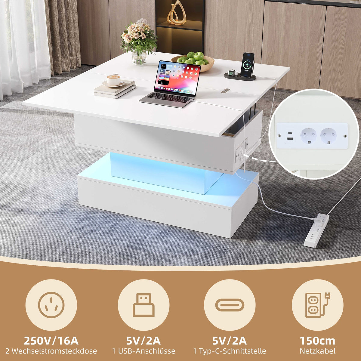 Coffee Table 100x50x51.5cm Lift-Top LED USB Power Outlet Storage, White