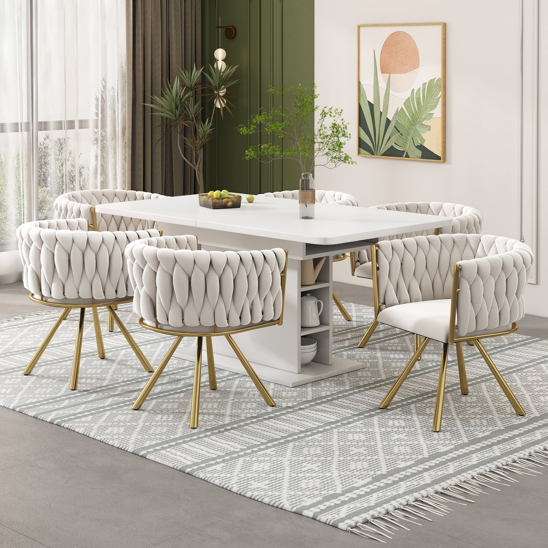 Velvet Swivel Chair Set of 6 Metal Legs - Beige and Gold