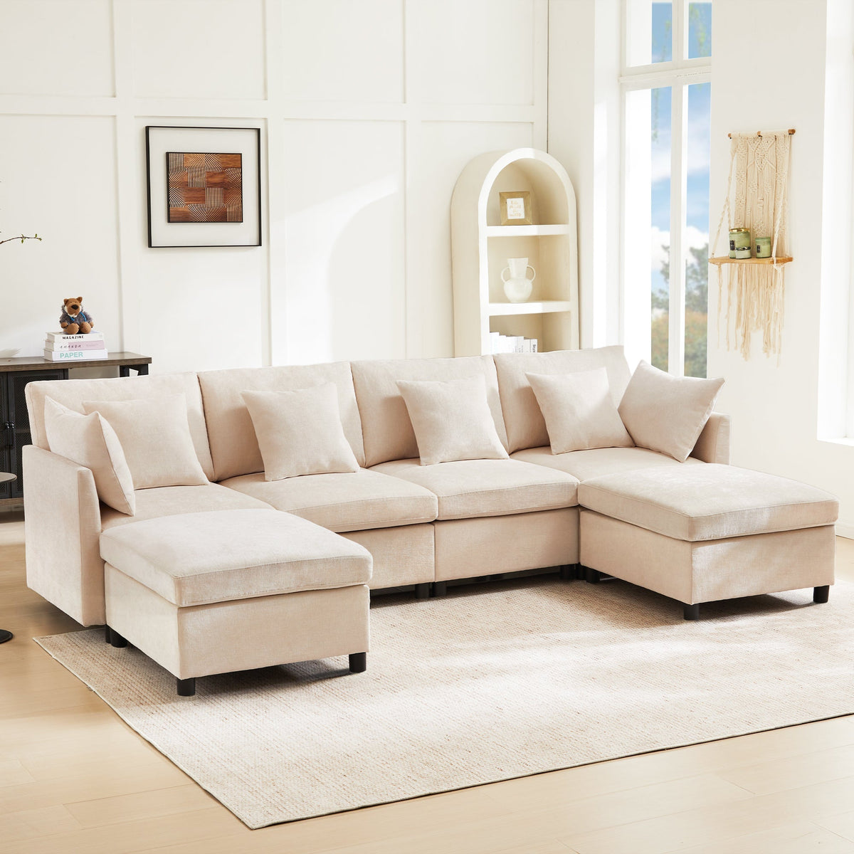 Modern Chenille Sofa Modular Detachable Footstool L-Shaped U-Shaped, Chenille