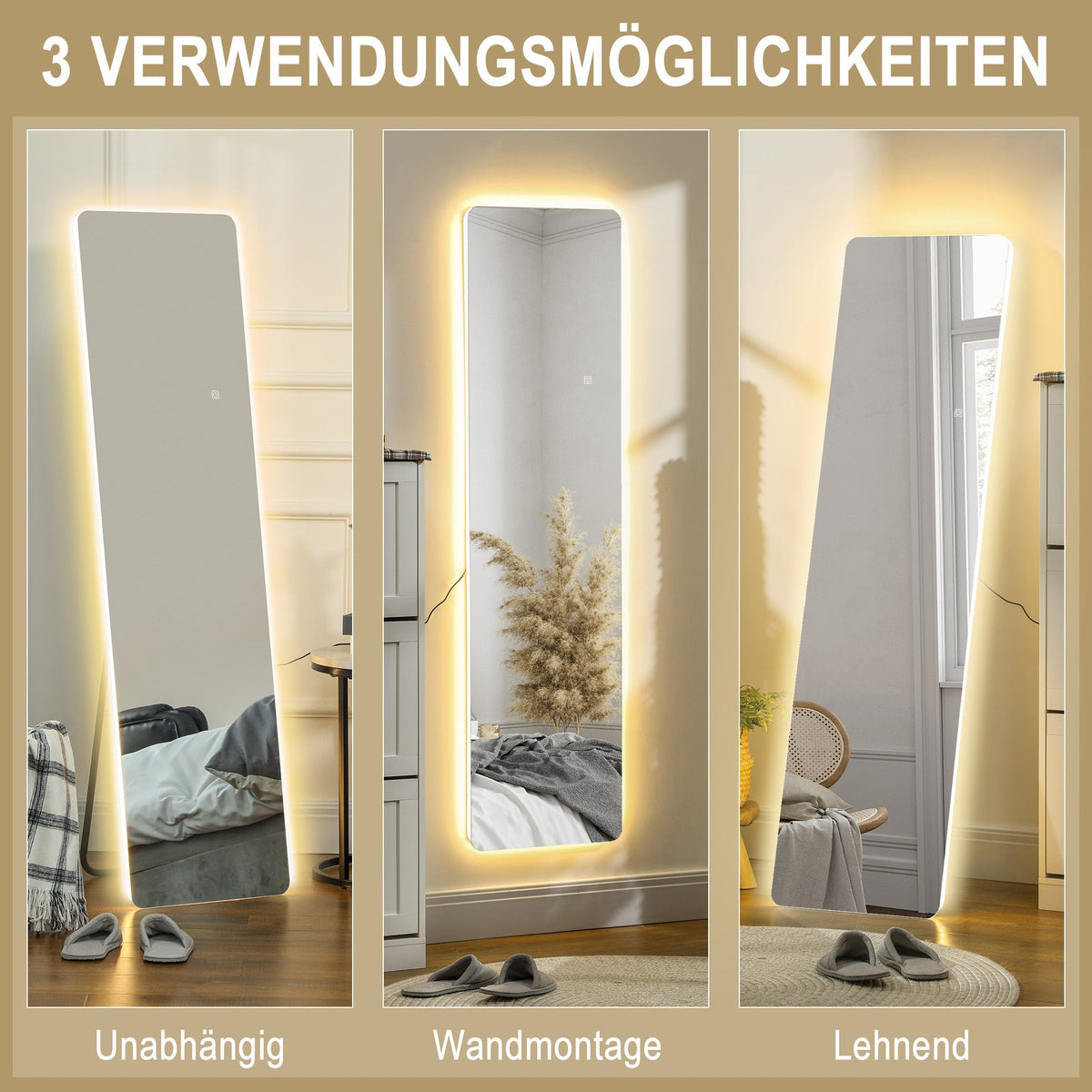 Full-Length Mirror, LED, 3 Light Colors, Transparent
