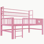 Low Loft Bed with Storage Compartments, 90x200cm, Pink Metal Frame