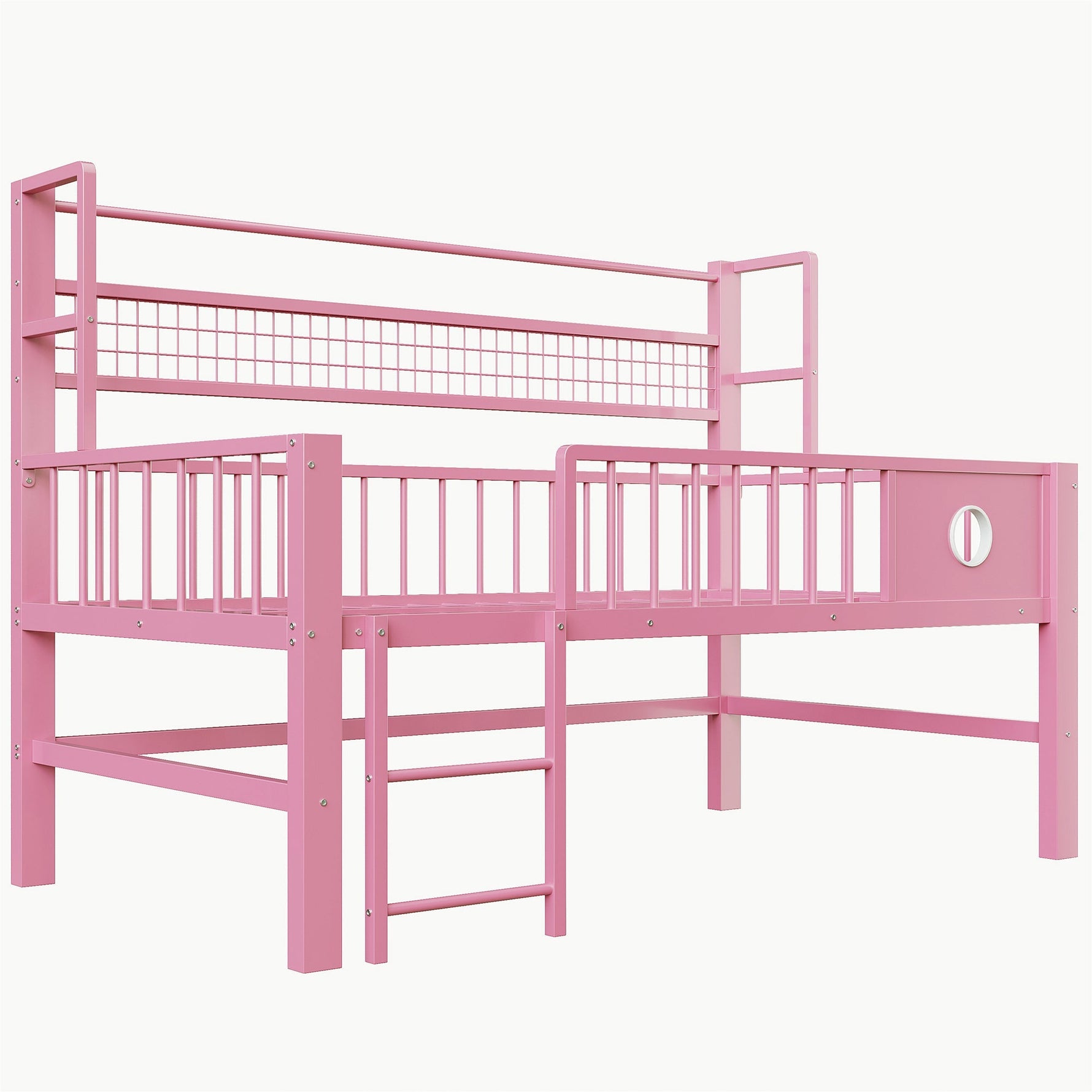 Low Loft Bed with Storage Compartments, 90x200cm, Pink Metal Frame