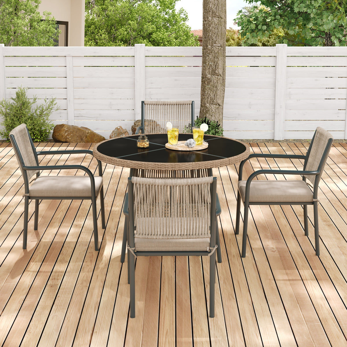 Modern Garden Furniture Set with Round Table & 4 Chairs, Rattan